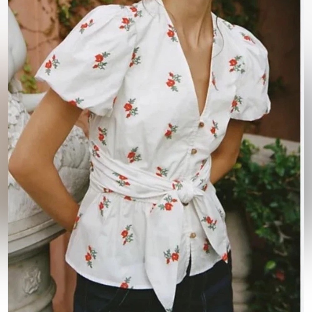 Anthropologie Maeve Rosalie Embroidered Floral Top Size 6 / White Tie Front